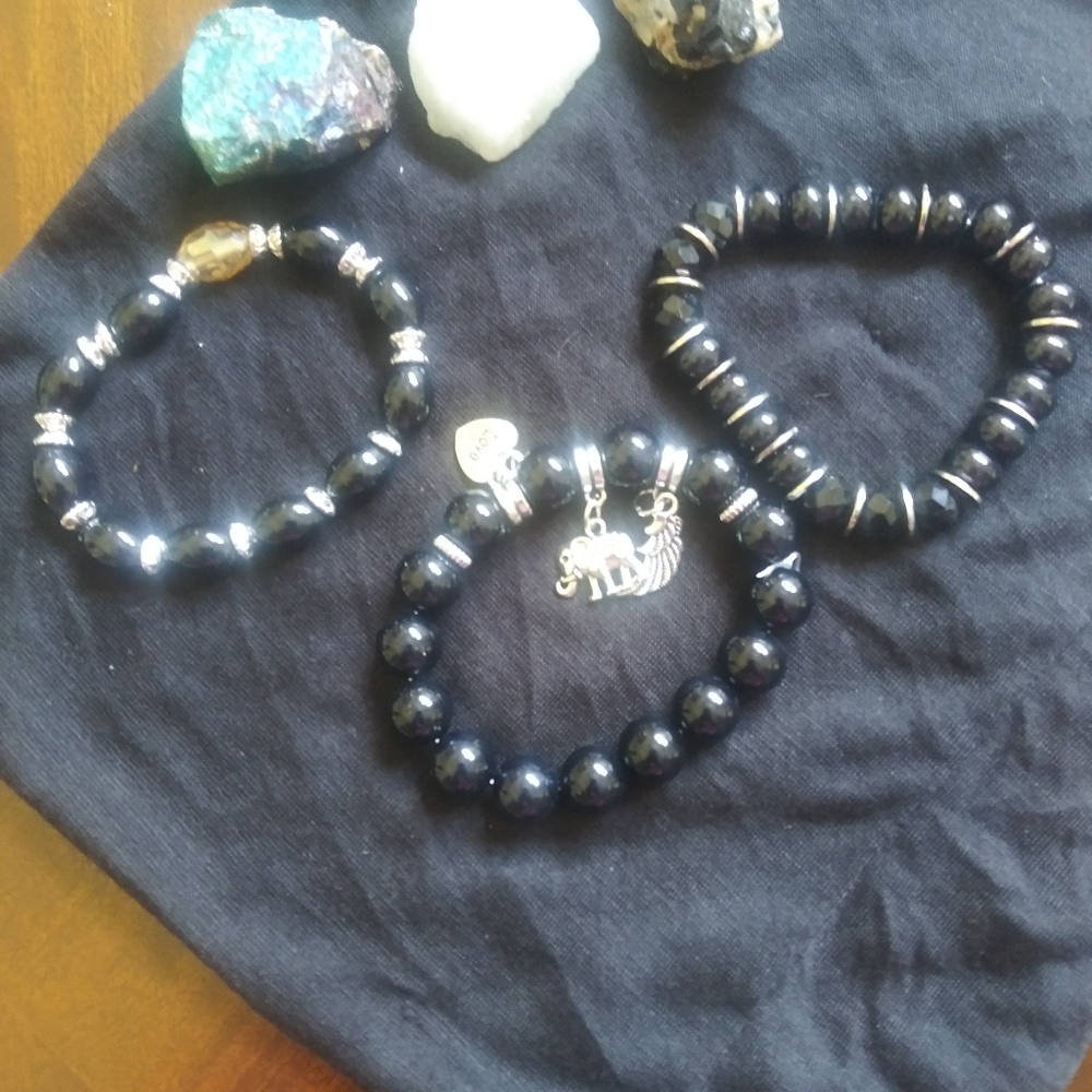 3 Black Bead Bracelets with Charms